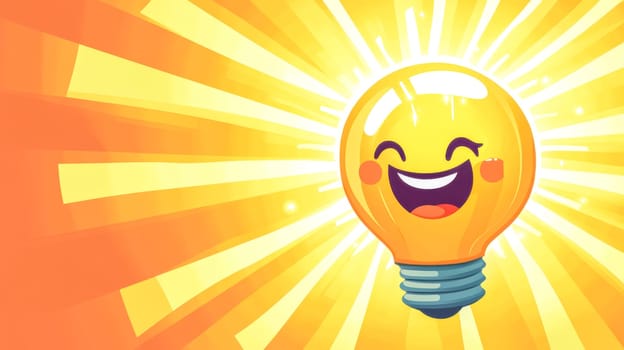 Cartoon light bulb is smiling and laughing with a sunburst background, showing the joy and excitement of having a new idea