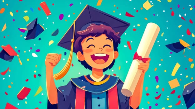 Joyful graduate proudly raises arm, clutching diploma tightly, surrounded by colorful confetti. Captures success, accomplishment, and excitement for the future