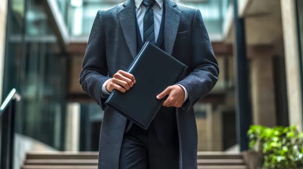 Confident businessman in sharp suit walking through city with black portfolio, surrounded by glass skyscrapers. Symbolizes modern success in business and finance