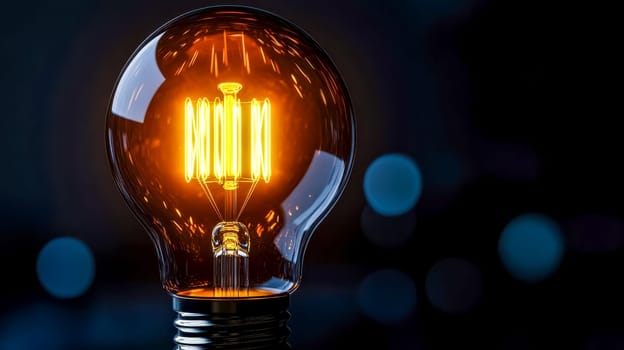 Vintage light bulb glows brightly against a dark backdrop, creating a warm atmosphere with a touch of magic. It symbolizes innovation and creativity, shining brightly in the night