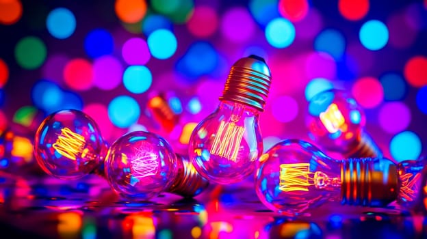 Incandescent light bulbs are laying on a reflective surface and glowing with neon pink, purple, blue, and orange colors