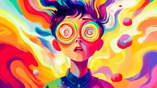Young man is experiencing a sensory overload, with swirling colors and patterns overwhelming his vision. His expression is one of shock and awe as he navigates this intense visual experience