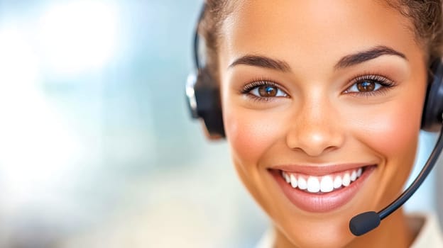 Smiling woman works as a customer service rep in a busy office, helping clients over the phone with confidence and friendliness