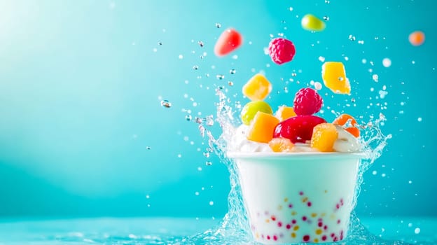 Overflowing white cup of frozen yogurt and fruit with water splash on blue backdrop, capturing summer indulgence