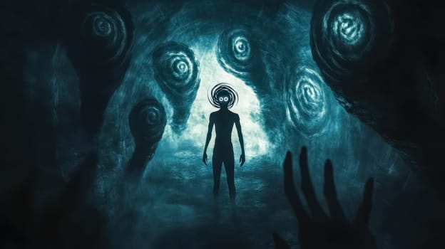 Mysterious silhouette of a man with glowing eyes is standing in a dark cave, surrounded by swirling energy, while hands reach out from the shadows