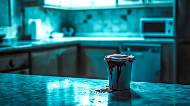 Dripping blood filled paper cup sits on a dirty counter in an abandoned kitchen, creating a creepy and eerie crime scene