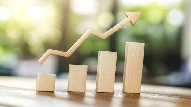 Arrow graph made of wooden blocks on a table with a green background symbolizes growth and success in business and finance. Vividly showing a rise in profit and economic market statistics