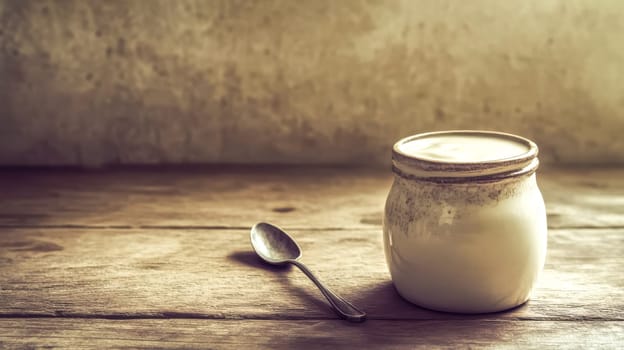 Cozy scene with a white ceramic pot and spoon on a wooden table, bathed in warm sunlight. Perfect for a healthy snack or breakfast. Creamy yogurt adds freshness to the vintage look