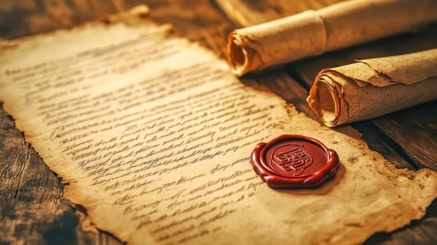 Beautiful handwritten text on old letter sealed with wax. Displayed on rustic wooden table with rolled scrolls. Vintage charm and nostalgic atmosphere. Capturing essence of history and communication