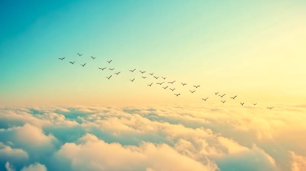 Flock of birds is flying in formation over a beautiful cloudscape illuminated by the warm light of the setting sun