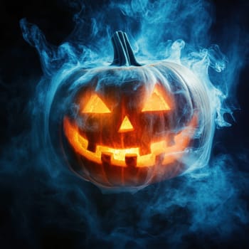 The scene features a carved jack o lantern with a cheerful grin glowing warmly from within as it emits a soft orange light. Surrounding the pumpkin is a swirling mist of blue smoke enhancing the mysterious ambiance of a dark environment