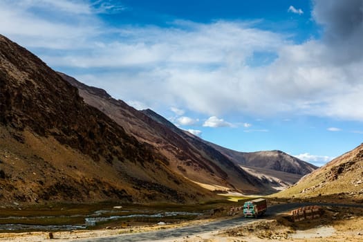Indian lorry on Manali-Leh Road. Ladakh, India