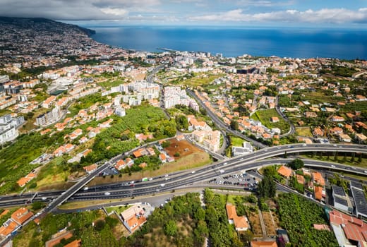 Aerial drone view of Funchal town, Madeira island, Portugal