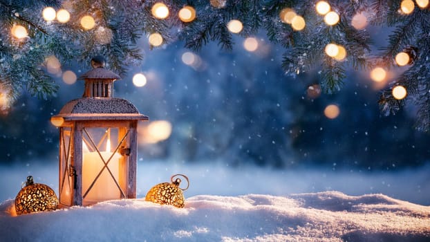 Lantern on the background of the winter forest. Christmas background. AI generated