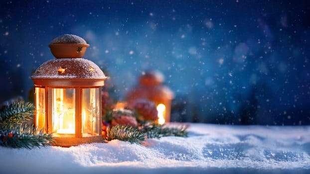 Lantern on the background of the winter forest. Christmas background. AI generated