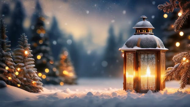 Lantern on the background of the winter forest. Christmas background. AI generated