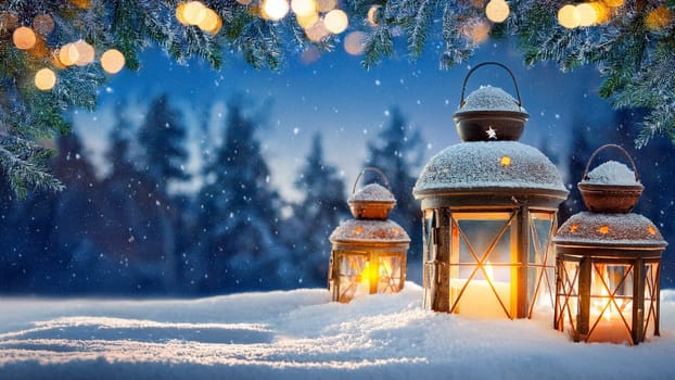 Lantern on the background of the winter forest. Christmas background. AI generated