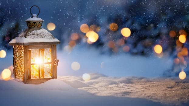 Lantern on the background of the winter forest. Christmas background. AI generated