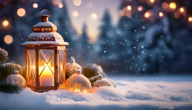 Lantern on the background of the winter forest. Christmas background. AI generated