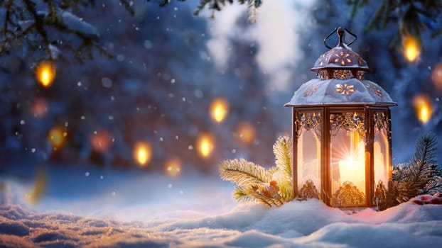 Lantern on the background of the winter forest. Christmas background. AI generated