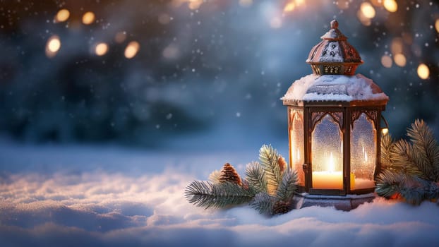 Lantern on the background of the winter forest. Christmas background. AI generated