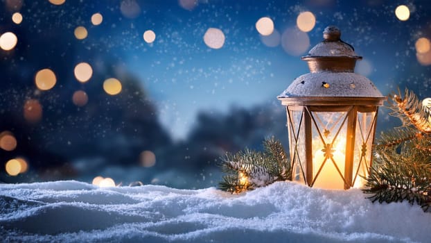 Lantern on the background of the winter forest. Christmas background. AI generated