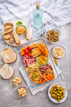 Tray with appetizers and wine for a picnic, outdoor eating