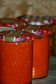 home made tomato sauce in a German cellar in autumn