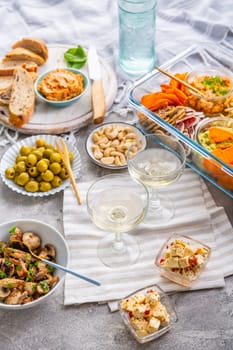 Two glasses of wine and tray with appertizers for a picnic, outdoor eating