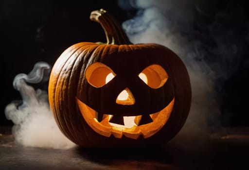 A carved Halloween pumpkin features a menacing face illuminated from within, with smoke curling upward, enhancing the haunting ambiance of the evening. Generative AI.