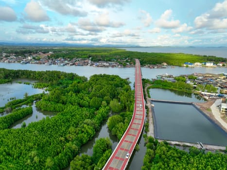 Aerial landscape of Pak Nam Prasae estuary in Rayong, Thailand. Fishing community, mangrove forest, and river showcase sustainable ecotourism and net-zero travel in a biodiverse coastal ecosystem.