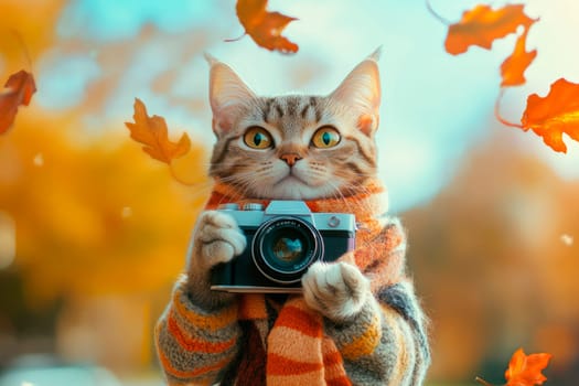 Cute cat photographer takes a picture on a retro camera. Autumn season. AI generated