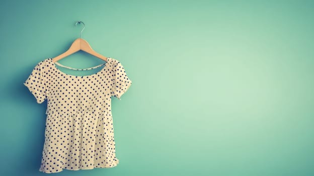 White polka dot dress is hanging from a wooden hanger with a turquoise wall in the background. The image has a vintage filter applied