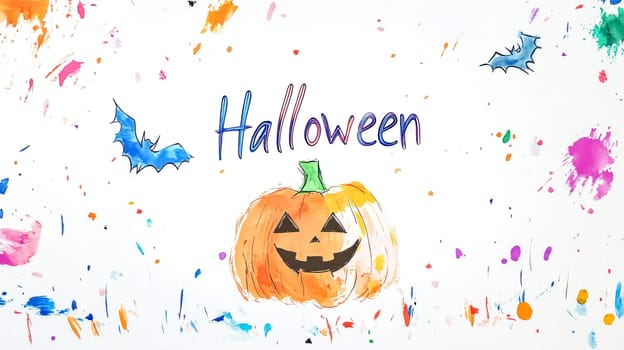 Simple, colorful drawing of a halloween pumpkin and bats surrounded by colorful watercolor splashes on bright white paper