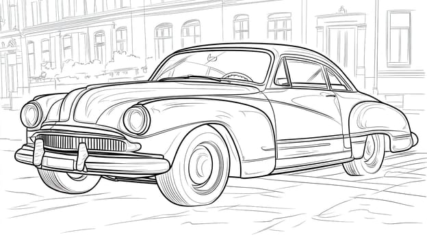 Black and white illustration of a classic american car driving through a city street, perfect for coloring books or vintage car enthusiasts