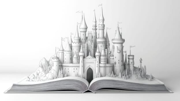Open book telling a fantasy story with a medieval castle, towers and walls emerging from its pages, a concept for imagination, creativity and storytelling