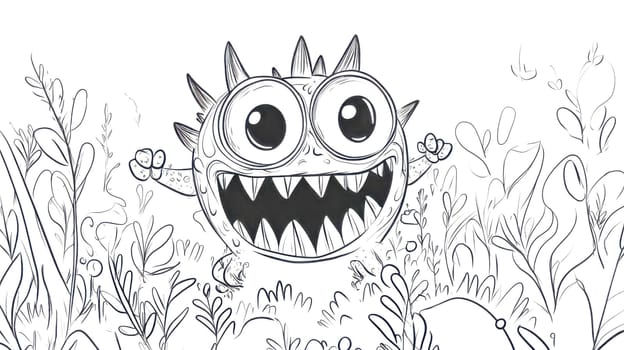 Spiky cartoon monster with big eyes and a toothy grin leaps playfully from a field of plants, exuding a happy and whimsical vibe perfect for adding fun to any design project