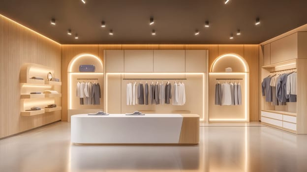 Sleek, modern fashion boutique interior with clothes on racks, illuminated by led lights. Minimal design, wooden walls, and floors create an elegant atmosphere for showcasing apparel trends