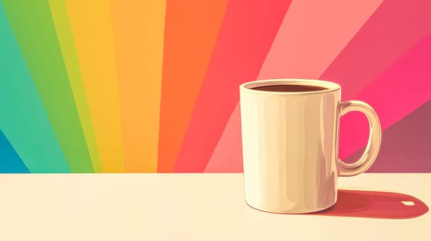 Simple white coffee mug is standing on a table with a colorful background featuring shades of pink, red, orange, yellow, green and blue