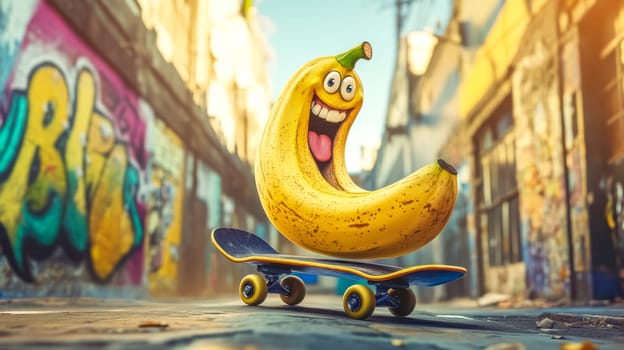 Cheerful cartoon banana skateboarding down a vibrant urban alley with graffiti art on a sunny day, exuding joy and energy in a trendy and cool representation of youth culture