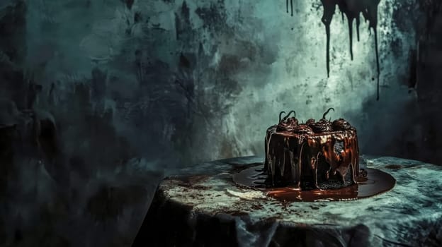 Chocolate cake dripping with icing sits on a table with a moody background, perfect for halloween or other spooky celebrations