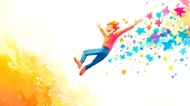 Young man is joyfully leaping in the air, leaving a trail of vibrant, colorful stars behind him, symbolizing happiness, achievement, and the realization of dreams