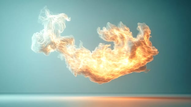 Abstract fire cloud floating over a blue background, with light reflections on the floor. This illustration would be perfect for topics of energy, danger, or power