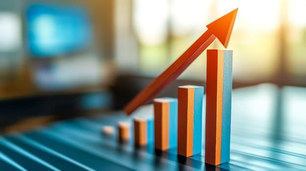 Vibrant bar graph in orange and blue rises with bold red arrow, symbolizing positive growth in business and finance. Dynamic visual on wooden office desk motivates achievement of goals