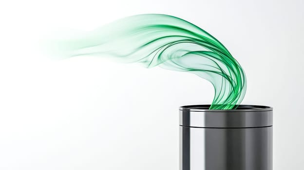 Vibrant green digital wave flows into sleek metal cylinder, symbolizing data storage or processing, evoking technological advancement and innovation