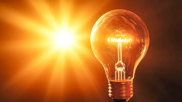 Classic incandescent light bulb glowing brightly with a warm sunburst background illustrating the concept of a bright idea