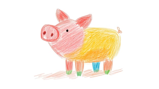 Adorable child's drawing of a pig with colorful crayons, perfect for children, art, or animal projects. Vibrant colors capture childhood innocence and imagination