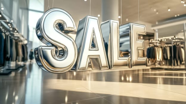 Shiny silver sale sign hangs elegantly in a modern clothing store, catching the eye with its sleek design and adding sophistication to the interior
