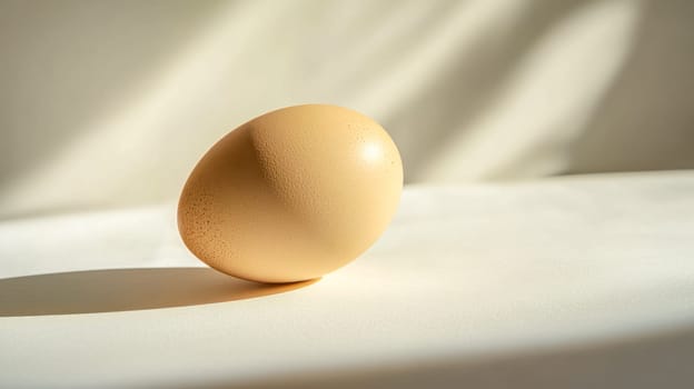 Single brown chicken egg on a white surface, casting a long shadow under soft natural light. Versatile ingredient symbolizing new life, fragility. Smooth shell highlighted in close up view