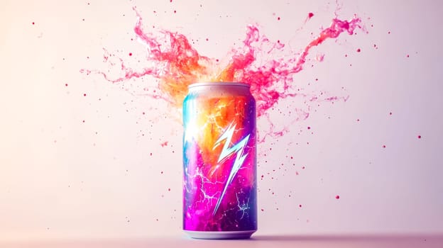 Colorful aluminum can with a lightning bolt design is exploding with a vibrant, energy drink splashing out of the open top